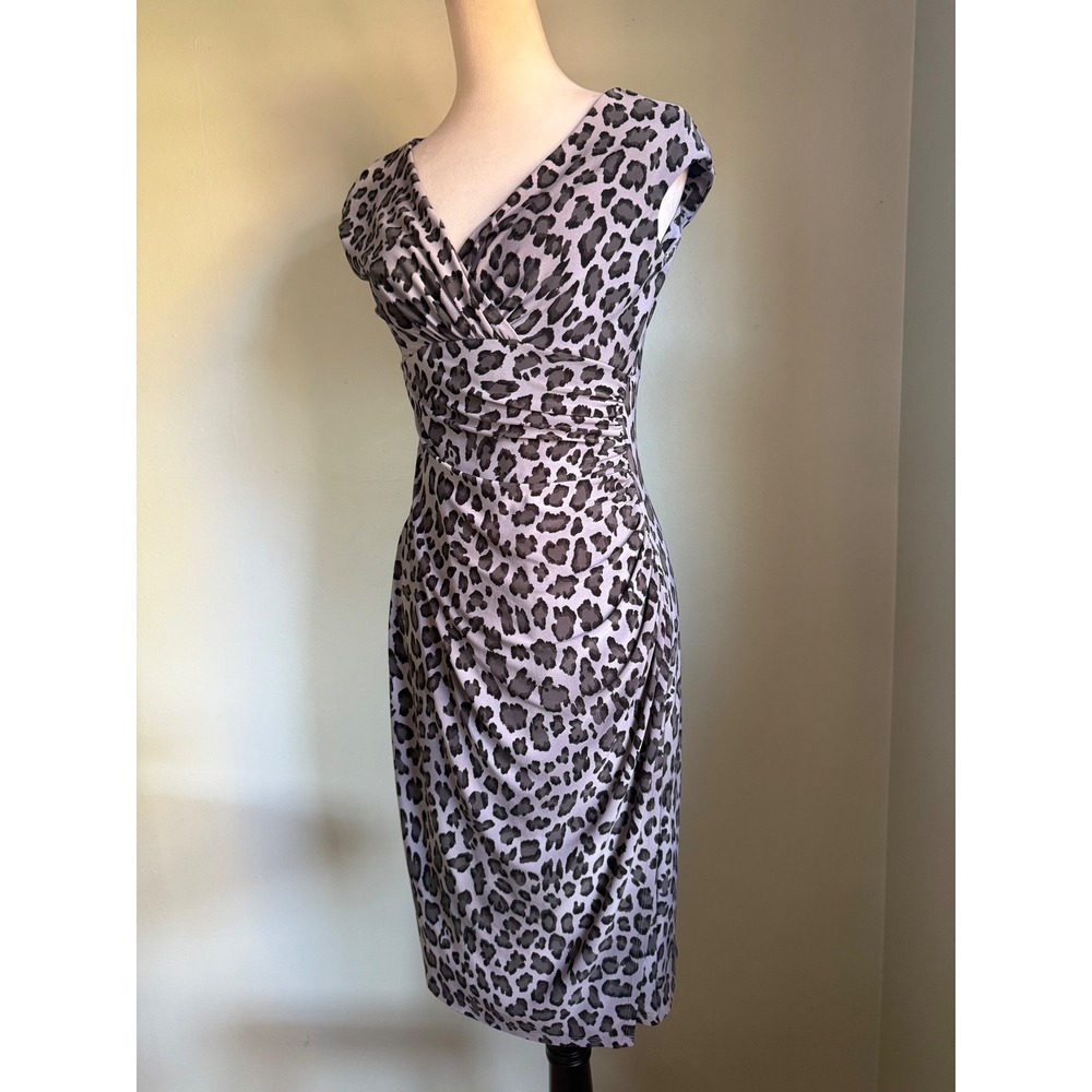 Lauren Ralph Lauren Grey Leopard y2k Ruched Sheath Dress‎ 4 classic elegant boho